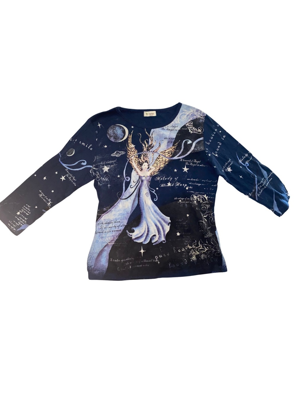 Cactus Womens Medium Celestial Angel Rhinestone 3/4 Sleeve Y2K Graphic Shirt